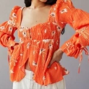 Urban Outfitters Bright Orange Floral Puff Sleeve Crop Top